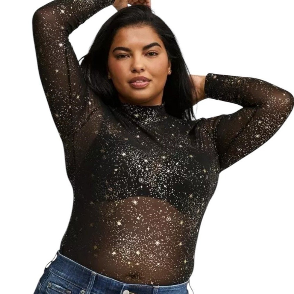 TORRID Sheer Mesh Mock Neck Long Sleeve Top w/Gold Sparkly Stars NWT Size 2X